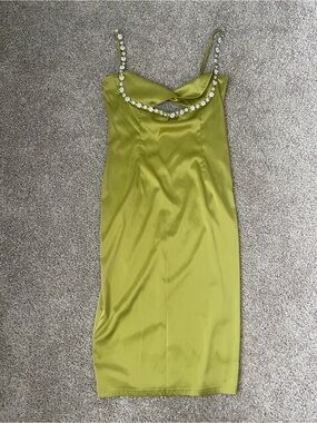 Fashion Nova Olive Satin Cowl Midi Dress with Embellished Straps